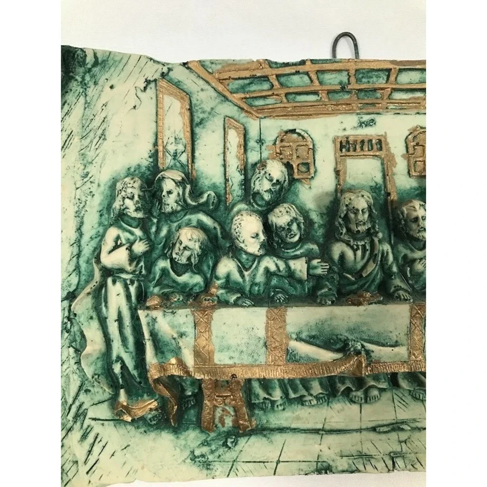 Vintage Last Supper 3D Relief Wall Plaque Scroll Design Teal Gold Religious Art